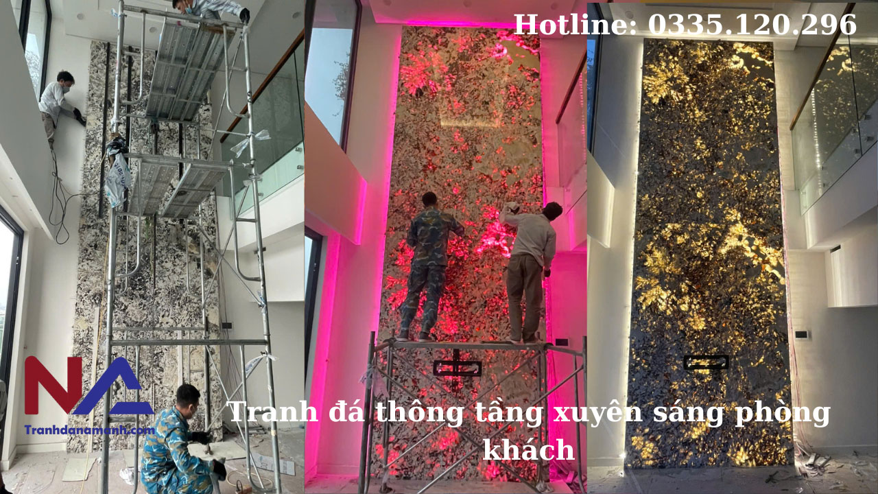 Lắp đặt bức tranh đá thông tầng | ghép 2 tấm đá xuyên sáng tại Long Biên – Hà Nội