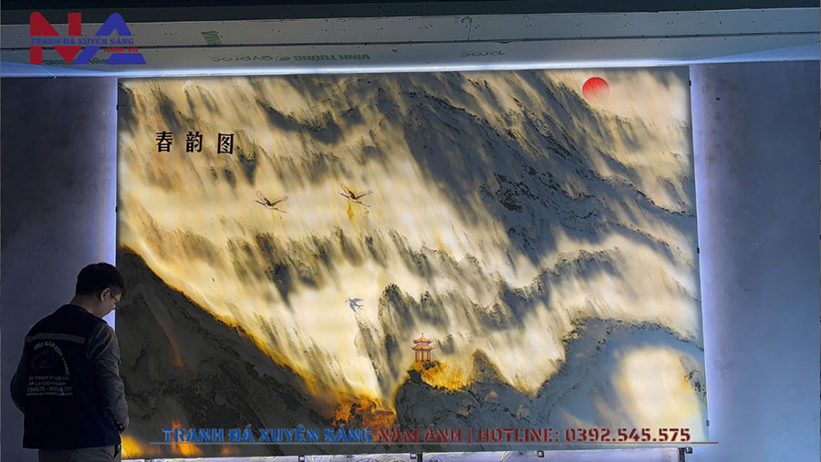 Lắp đặt hoàn thiện bức tranh đá sơn thủy xuyên sáng tại Thành Phố Nam Định